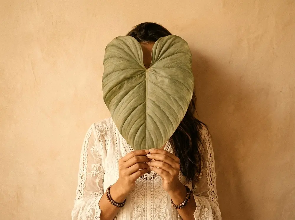 Vrouw houdt een groot hartvormig blad voor haar gezicht, tegen een warme okerkleurige muur