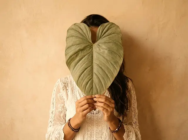 Vrouw houdt een groot hartvormig blad voor haar gezicht, tegen een warme okerkleurige muur
