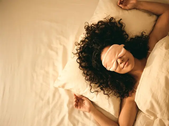 Vrouw ligt in bed met een zijden slaapmasker op, van boven gefotografeerd